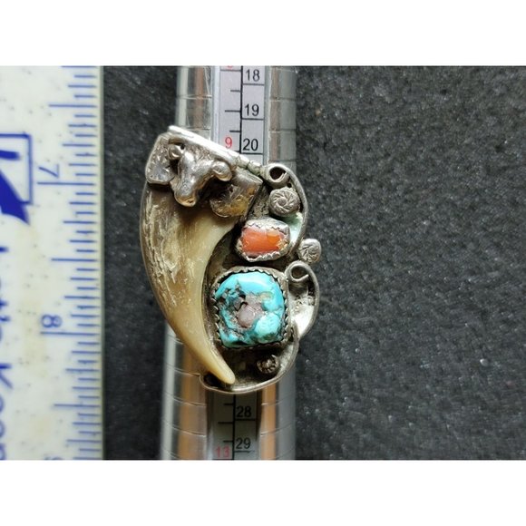 Vintage Native Made Wolf Claw Turquoise Coral Men's Ring Size 10.5 - Picture 2 of 4